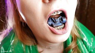 Mukbang – eating video – food fetish in braces close up – mouth tour and vore